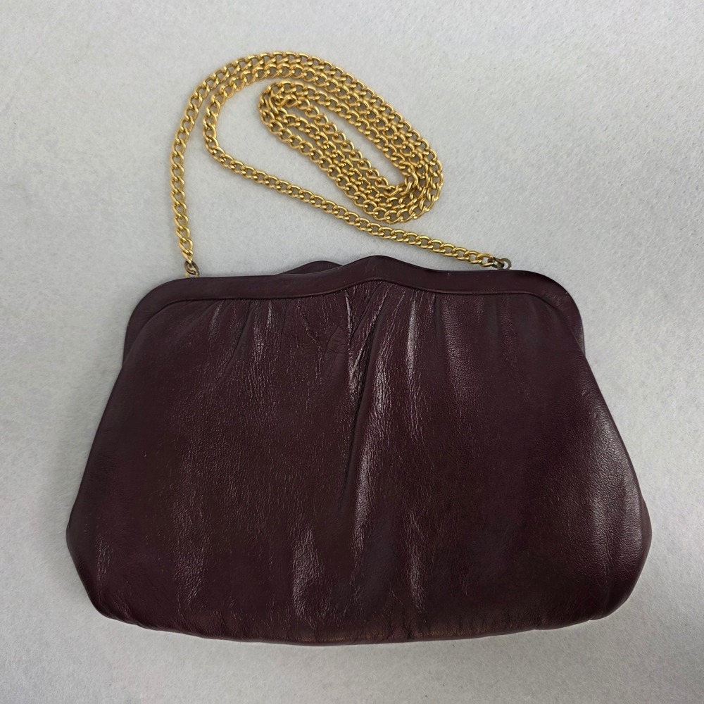 Vintage Ande Burgundy Leather Frame Clutch Gold Chain Shoulder Bag Evening Purse